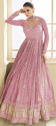 Festive, Reception, Wedding Pink and Majenta color Salwar Kameez in Viscose fabric with Anarkali Embroidered, Sequence, Thread work : 1953275