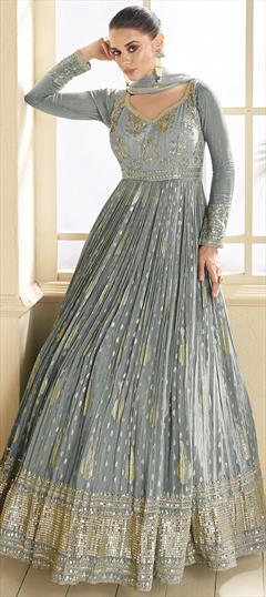 Festive, Reception, Wedding Black and Grey color Salwar Kameez in Viscose fabric with Anarkali Embroidered, Sequence, Thread work : 1953276