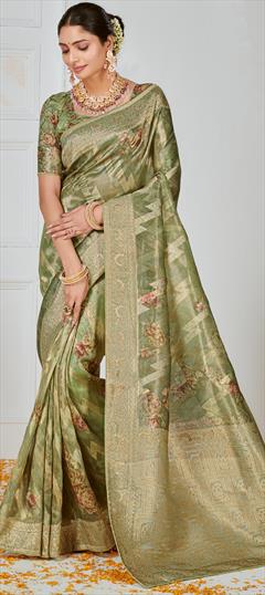 Festive, Reception, Traditional Green color Saree in Organza Silk fabric with Classic Digital Print, Floral, Weaving, Zari work : 1953495