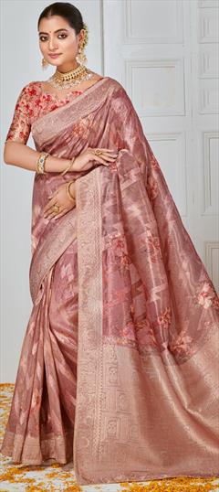 Festive, Reception, Traditional Pink and Majenta color Saree in Organza Silk fabric with Classic Digital Print, Floral, Weaving, Zari work : 1953496