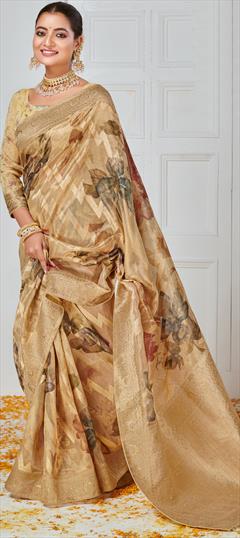 Festive, Reception, Traditional Yellow color Saree in Organza Silk fabric with Classic Digital Print, Floral, Zari work : 1953498