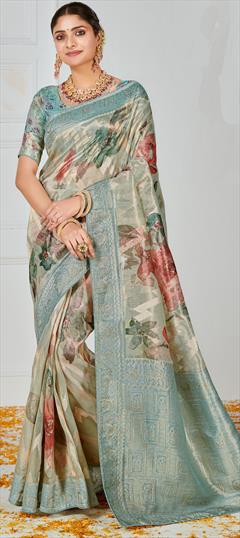 Festive, Reception, Traditional Blue color Saree in Organza Silk fabric with Classic Digital Print, Floral, Weaving, Zari work : 1953499