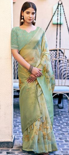 Festive, Traditional Green color Saree in Organza Silk fabric with South Digital Print, Floral, Weaving, Zari work : 1953543