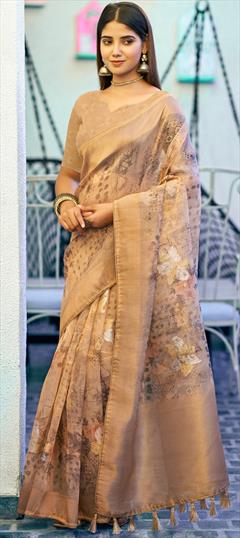 Festive, Traditional Gold color Saree in Organza Silk fabric with South Digital Print, Floral, Weaving, Zari work : 1953544