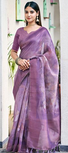Festive, Traditional Purple and Violet color Saree in Organza Silk fabric with South Digital Print, Floral, Weaving, Zari work : 1953545