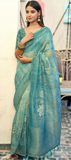 Festive, Traditional Blue color Saree in Organza Silk fabric with South Digital Print, Floral, Weaving, Zari work : 1953546