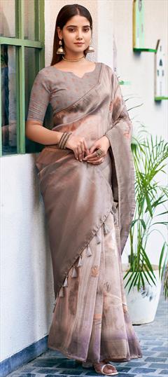 Festive, Traditional Beige and Brown color Saree in Organza Silk fabric with South Digital Print, Floral, Weaving, Zari work : 1953547