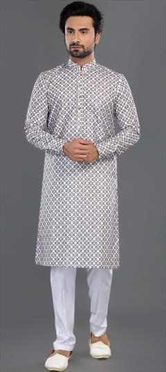 Party Wear Beige and Brown, White and Off White color Kurta Pyjamas in Cotton fabric with Embroidered, Thread work : 1956050