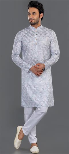 Party Wear White and Off White color Kurta Pyjamas in Cotton fabric with Embroidered, Thread work : 1956051