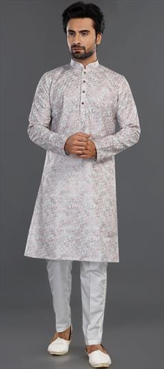 Party Wear White and Off White color Kurta Pyjamas in Cotton fabric with Embroidered, Thread work : 1956052