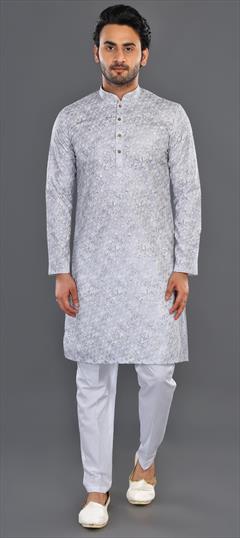 Party Wear White and Off White color Kurta Pyjamas in Cotton fabric with Embroidered, Thread work : 1956053
