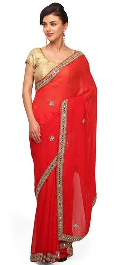 198310: Party Wear Red and Maroon color Saree in Faux Georgette, Viscose fabric with Classic Lace, Mirror work