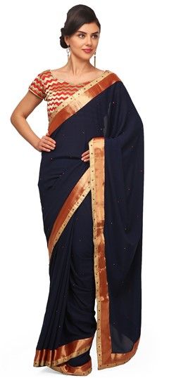 198316 Blue  color family Party Wear Sarees in Faux Georgette fabric with Lace, Stone work   with matching unstitched blouse.