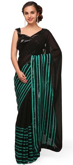 198317 Black and Grey  color family Party Wear Sarees in Cotton, Faux Georgette fabric with Sequence work   with matching unstitched blouse.