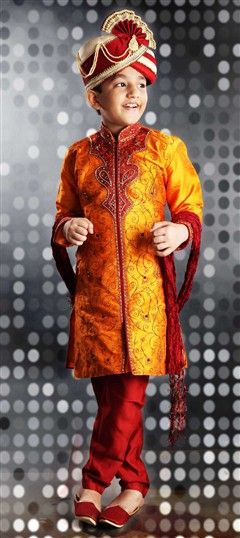 Red and Maroon, Yellow color Boys Sherwani in Art Dupion Silk, Silk cotton fabric with Embroidered, Patch, Resham, Thread work : 200001