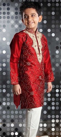 Red and Maroon color Boys Kurta Pyjama in Art Dupion Silk, Silk cotton fabric with Embroidered, Resham, Stone, Thread work : 200015