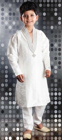 200031: White and Off White color Boys Kurta Pyjama in Art Dupion Silk, Silk cotton fabric with Moti, Zircon work
