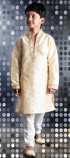200033: Gold and Silver, White and Off White color Boys Kurta Pyjama in Art Dupion Silk, Silk cotton fabric with Embroidered, Resham, Thread, Zari work