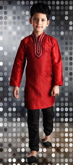 200042: Black and Grey, Red and Maroon color Boys Kurta Pyjama in Art Dupion Silk, Silk cotton fabric with Embroidered, Resham, Thread, Zari work
