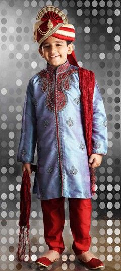 200049: Blue, Red and Maroon color Boys Sherwani in Art Dupion Silk, Silk cotton fabric with Embroidered, Resham, Thread, Zari, Zircon work