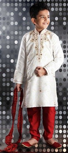 200051: Red and Maroon, White and Off White color Boys Sherwani in Art Dupion Silk, Silk cotton fabric with Embroidered, Sequence, Thread, Zari work