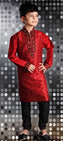 200056: Black and Grey, Red and Maroon color Boys Kurta Pyjama in Art Dupion Silk, Silk cotton fabric with Cut Dana, Embroidered, Resham, Thread, Zari work