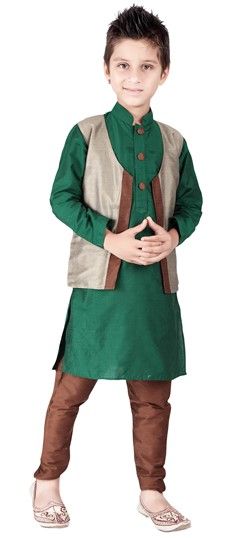 Green color Boys Kurta Pyjama in Cotton, Silk fabric with Thread work : 200594