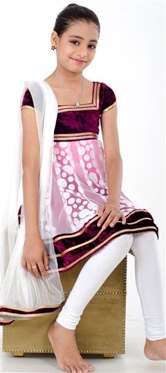 Purple and Violet, White and Off White color Kids Salwar in Brasso, Net, Velvet fabric with Border, Lace, Valvet work : 200608