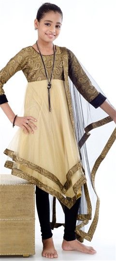 Beige and Brown color Kids Salwar in Jacquard, Net fabric with Border work : 200613