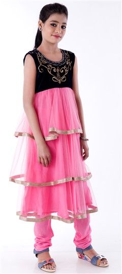 Pink and Majenta color Kids Salwar in Net, Velvet fabric with Border, Embroidered, Zari work : 200712