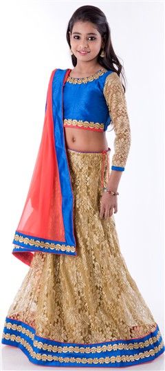 Beige and Brown color Kids Lehenga in Fancy Fabric, Net, Raw Dupion Silk fabric with Border, Embroidered work : 200719
