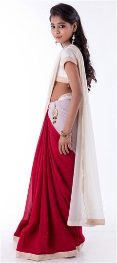 Red and Maroon, White and Off White color Kids Saree in Chiffon, Georgette, Silk fabric with Border, Zari work : 200721