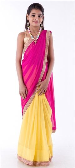 200724: Pink and Majenta, Yellow color Kids Saree in Chiffon, Faux Georgette fabric with Border, Sequence, Thread work