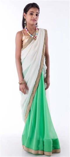 200728: Green, White and Off White color Kids Saree in Chiffon, Georgette, Raw Dupion Silk fabric with Border, Thread work
