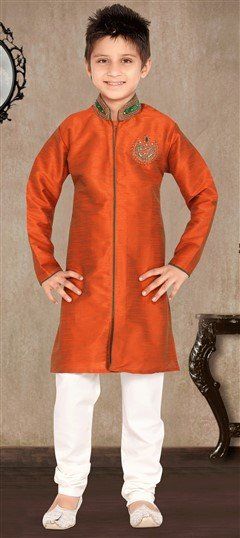 200862: Orange color Boys Sherwani in Art Dupion Silk fabric with Lace, Patch, Stone, Zardozi work