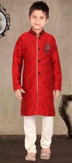 Red and Maroon color Boys Sherwani in Jacquard fabric with Patch, Stone work : 200866