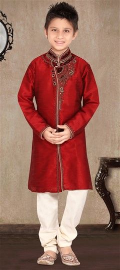 200867: Red and Maroon color Boys Sherwani in Art Dupion Silk fabric with Patch, Stone work