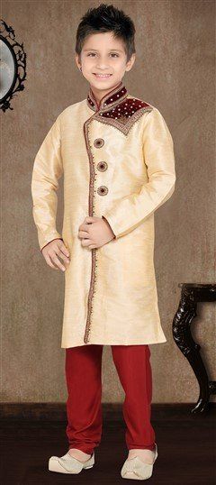 200869: Gold color Boys Sherwani in Art Dupion Silk fabric with Patch, Stone, Zardozi work