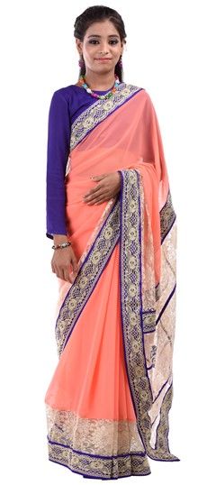 Orange color Kids Saree in Georgette, Net fabric with Lace work : 200920