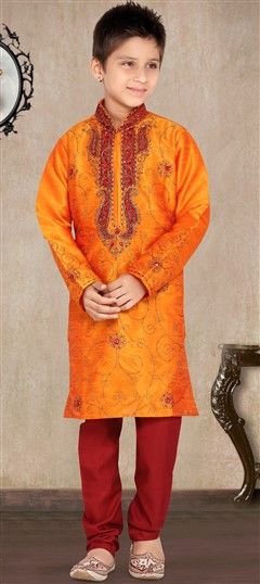 Orange color Boys Kurta Pyjama in Art Silk, Raw Dupion Silk fabric with Bugle Beads, Cut Dana, Embroidered, Patch, Resham, Stone, Thread work : 200952