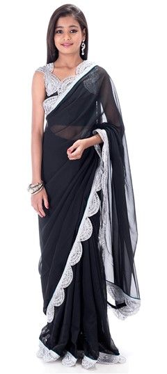 201219: Black and Grey color Kids Saree in Faux Georgette fabric with Border, Lace work