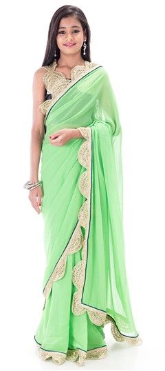 201220: Green color Kids Saree in Faux Georgette fabric with Border, Lace work
