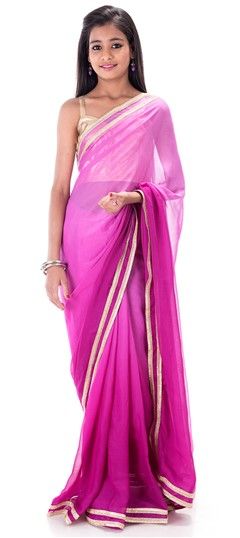 Pink and Majenta color Kids Saree in Georgette fabric with Lace, Ombre work : 201223