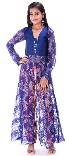 Casual Blue color Kids Salwar in Cotton, Half Net, Silk, Velvet fabric with Fancy Work, Floral, Printed, Valvet work : 201228
