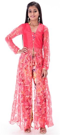 Casual Pink and Majenta color Kids Salwar in Cotton, Half Net, Silk, Velvet fabric with Fancy Work, Floral, Printed, Valvet work : 201229