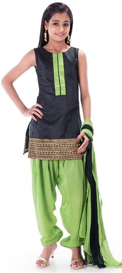 Black and Grey, Green color Kids Salwar in Chiffon, Faux Crepe, Silk cotton fabric with Embroidered work : 201230