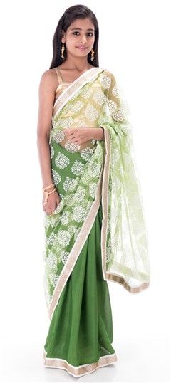 201240: Green, White and Off White color Kids Saree in Brasso, Crepe Silk fabric with Border, Floral, Lace work