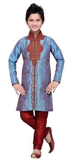 Blue color Boys Sherwani in Art Silk fabric with Bugle Beads, Cut Dana, Embroidered, Patch work : 201535