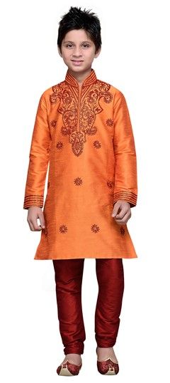 Orange color Boys Kurta Pyjama in Art Silk fabric with Embroidered, Resham, Thread work : 201536