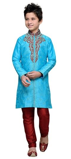 201537: Blue color Boys Kurta Pyjama in Art Silk fabric with Embroidered, Patch, Stone work